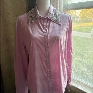 Pink Button-Up Shirt with Pearl Collar